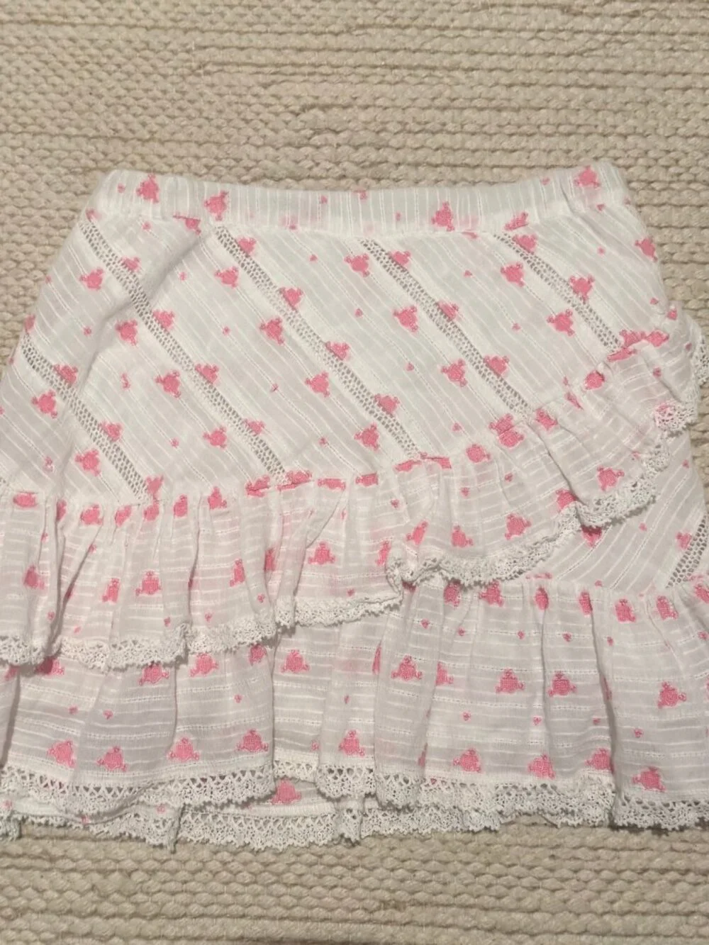 LoveShackFancy Pink and White Mini Skirt